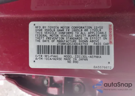 2003 Toyota Corolla Le z USA, uszkodzony, nr VIN JTDBR32E230043753